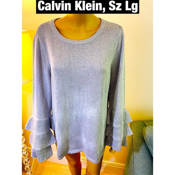 Calvin Klein, Silver Glitter Top with 3 Tier Ruffle Sleeves Sz Lg - Picture 1 of 7